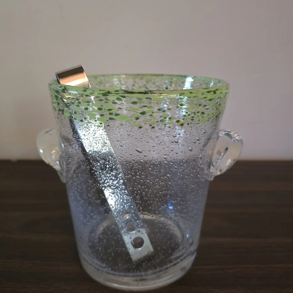 Vintage French Biot Bubble Glass Hand Blown Ice Bucket And Ice Tongs